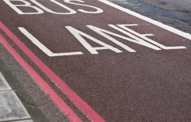 bus, lane, printed, on, road, with, red, lines