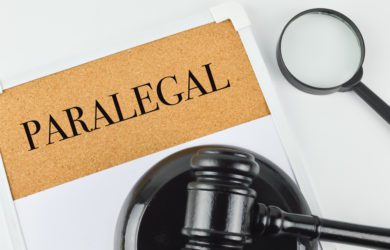 paralegal, put, on, clipboard, with, magnifying, glass, and, gavel